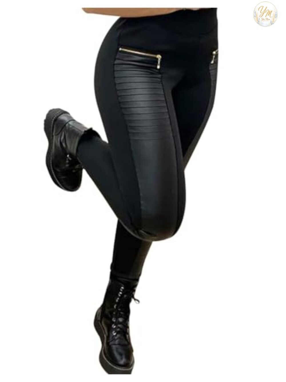 Faux Leather Leggings for Women High Stretch Mid Waisted Zip Patch Tights